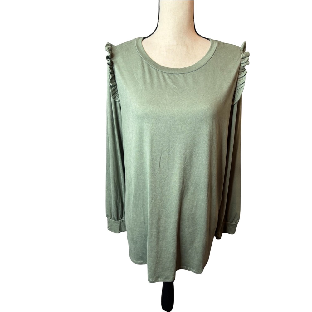 Jodifl Olive Green Ruffle Shoulder Long Sleeve Top Large